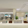Modern Bank Lobby Interior Design With Seating Service Counter Digital Screens And Green Plants