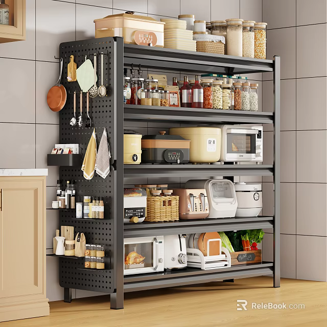 Practical Kitchen Storage Shelf With Jars Microwave Baskets Vegetables And Hanging Utensils 3d model 