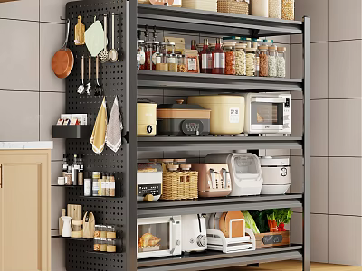 Practical Kitchen Storage Shelf With Jars Microwave Baskets Vegetables And Hanging Utensils 3d model