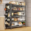 Practical Kitchen Storage Shelf With Jars Microwave Baskets Vegetables And Hanging Utensils