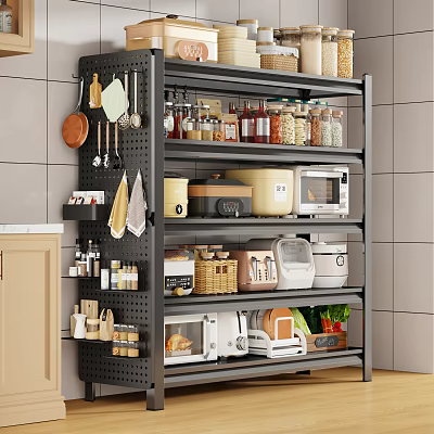 Practical Kitchen Storage Shelf With Jars Microwave Baskets Vegetables And Hanging Utensils 3d model