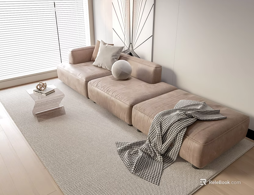Modern Beige Sectional Sofa In Living Room With Rug Throw Pillows And Decorative Ball 3d model 