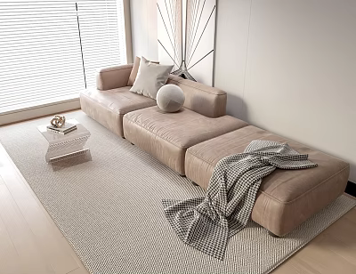 Modern Beige Sectional Sofa In Living Room With Rug Throw Pillows And Decorative Ball 3d model