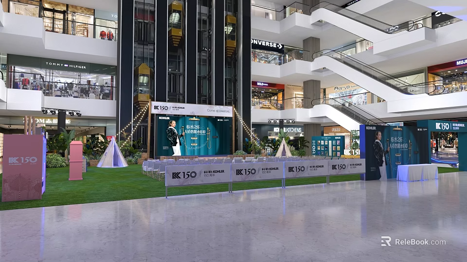 Floral Display in Shopping Mall Indoor Space With ISO Signage Greenery Tents and Fencing 3d model 