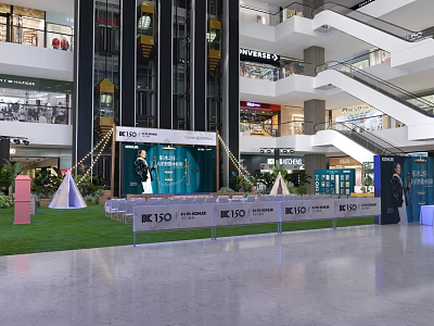 Floral Display in Shopping Mall Indoor Space With ISO Signage Greenery Tents and Fencing 3d model