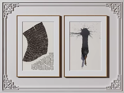 Two Framed Artworks With Chinese Pattern Borders Black Curved Text And Ink Splash Design 3d model