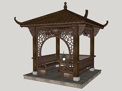 Elegant Traditional Chinese Wooden Pavilion With Ornate Carved Decorations Bench And Lantern 3d model