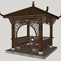 Elegant Traditional Chinese Wooden Pavilion With Ornate Carved Decorations Bench And Lantern