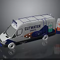 White and Blue Cutwater Spirits Delivery Van with Roof Rack and Beverage Cans Design