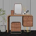 Leather Dressing Table with Rectangular Mirror Gold Accents Stool and Green Plant Decor 3d model