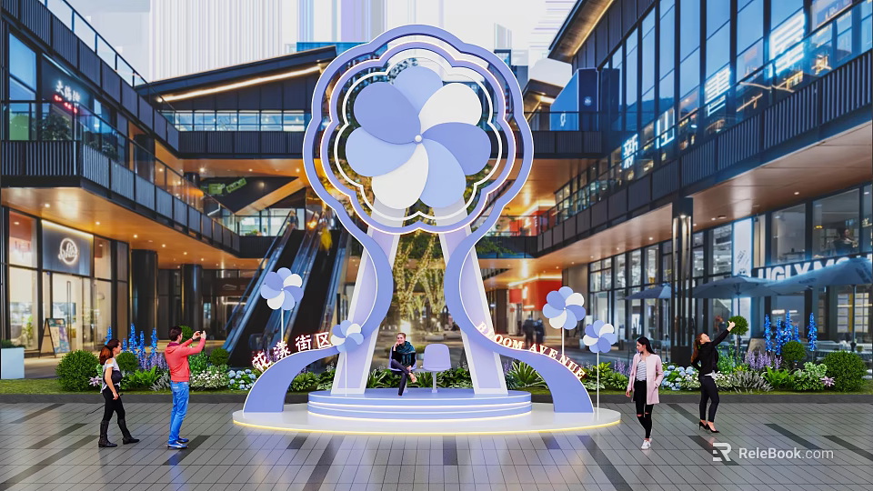 Large Flower Shaped Sculpture Photo Check-in Spot In Modern Mall Architecture With People Taking 3d model 