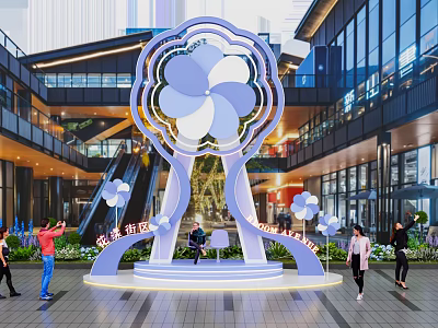 Large Flower Shaped Sculpture Photo Check-in Spot In Modern Mall Architecture With People Taking 3d model