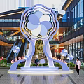 Large Flower Shaped Sculpture Photo Check-in Spot In Modern Mall Architecture With People Taking