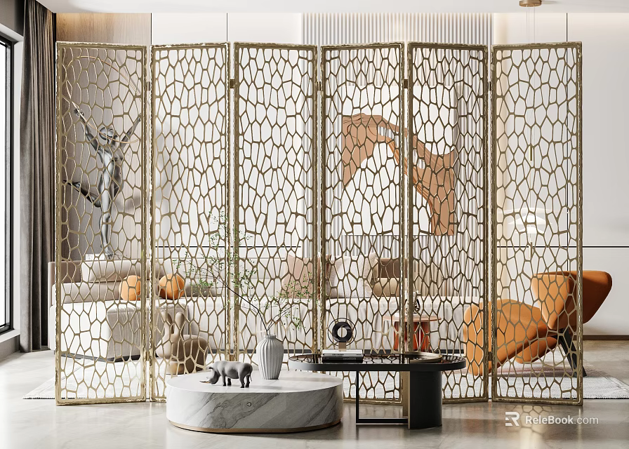 Gold Hollow Out Room Divider In Modern Living Room With Sofa Chair And Sculptures 3d model 
