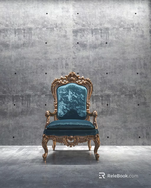 Elegant Blue Velvet Armchair With Golden Carved Frame Against Gray Concrete Wall Background 3d model 