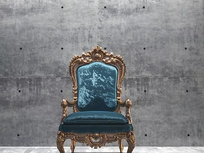 Elegant Blue Velvet Armchair With Golden Carved Frame Against Gray Concrete Wall Background 3d model