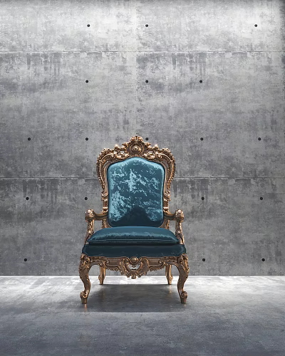 Elegant Blue Velvet Armchair With Golden Carved Frame Against Gray Concrete Wall Background 3d model