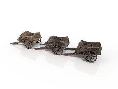 Three Vintage Wooden Handcart Models Retro Decorative Carriage Figurines Set 3d model