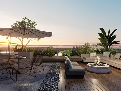 Patio Garden With Wooden Deck Outdoor Furniture Fire Pit And Sunset View 3d model