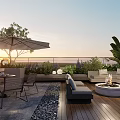 Patio Garden With Wooden Deck Outdoor Furniture Fire Pit And Sunset View