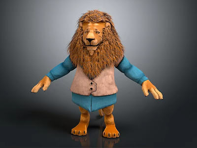 3D Lion Game Movie Character With Fluffy Mane Blue Sleeves And Brown Vest 3d model
