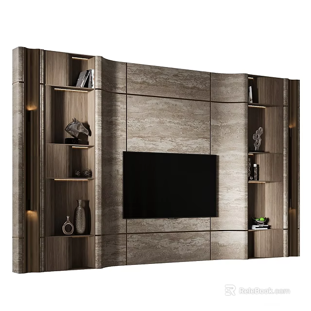 Modern TV Wall Design With Wooden Panels Marble Texture And Open Shelves With Decorative Items 3d model 
