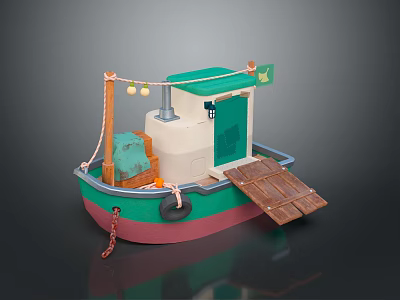 Colorful Small Model Boat With Green Top White Pink Bottom Wooden Plank Tire Crate Lanterns 3d model