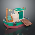 Colorful Small Model Boat With Green Top White Pink Bottom Wooden Plank Tire Crate Lanterns