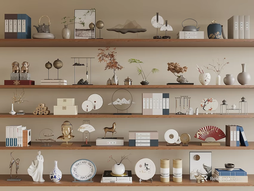 Modern Minimalist Decorative Ornaments Set With Vases Sculptures Books Plates And Fans On Wooden Shelves 3d model 