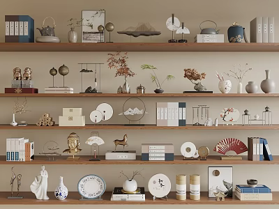 Modern Minimalist Decorative Ornaments Set With Vases Sculptures Books Plates And Fans On Wooden Shelves 3d model