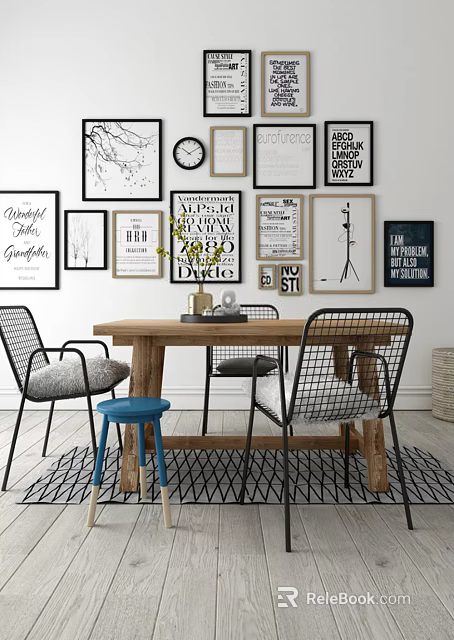 Wooden Dining Table Set With Metal Frame Chairs Blue Stool And Wall Art Decor 3d model 