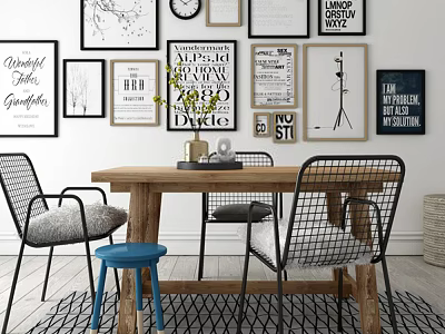 Wooden Dining Table Set With Metal Frame Chairs Blue Stool And Wall Art Decor 3d model