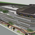 Modern Commercial Complex With Curved Exterior Glass Curtain Walls And Surrounding Trees Street Lamps