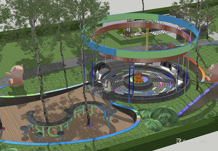 Vibrant Park Landscape Featuring Circular Playground Colorful Pathways Green Lawn and Trees 3d model 
