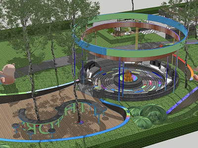 Vibrant Park Landscape Featuring Circular Playground Colorful Pathways Green Lawn and Trees 3d model