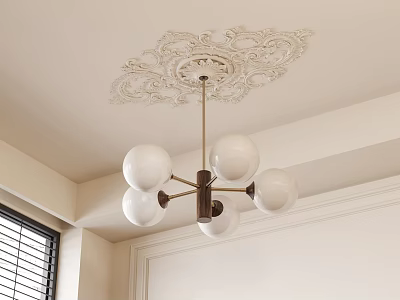 Modern Chandelier With White Spherical Shades Metal Frame And Ceiling Medallion In Minimalist Room 3d model