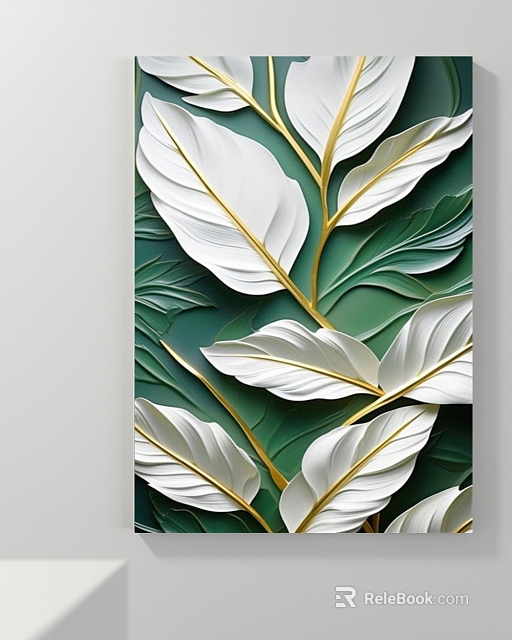 Elegant Landscape Painting With White Leaves And Gold Veins On Green Background 3d model 