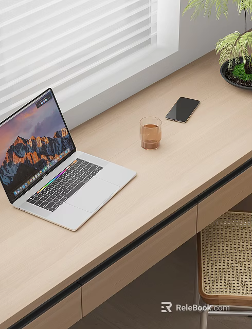 Silver Laptop on Wooden Desk with Mountain Landscape Screen Smartphone and Drink Glass 3d model 