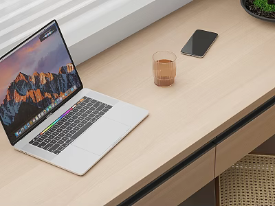 Silver Laptop on Wooden Desk with Mountain Landscape Screen Smartphone and Drink Glass 3d model