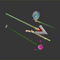 Various Decorative Weapons Featuring Spear Staff Arrow Round Design And Flower Accents