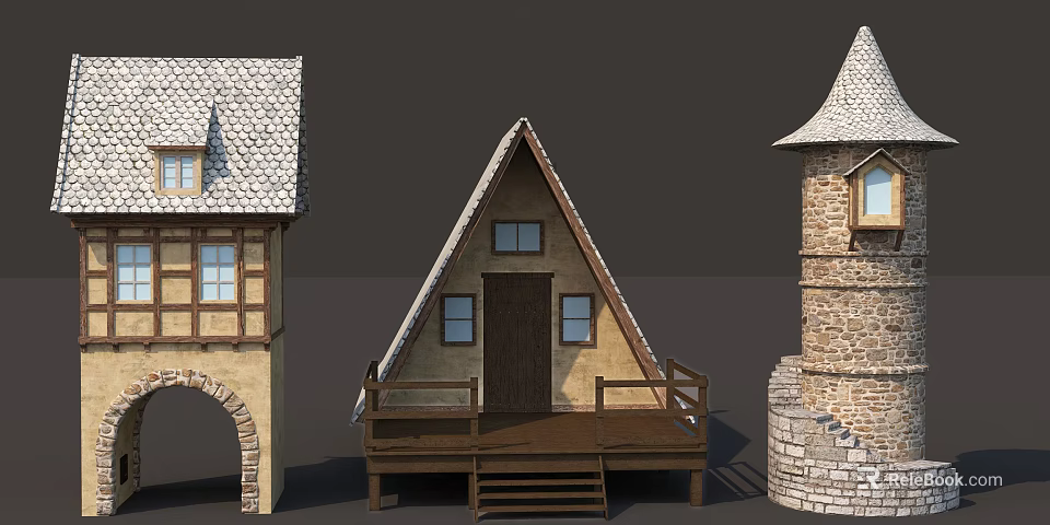 Fairy Tale Medieval Building Models With Triangular Tile Roofs Archway And Stone Tower 3d model 