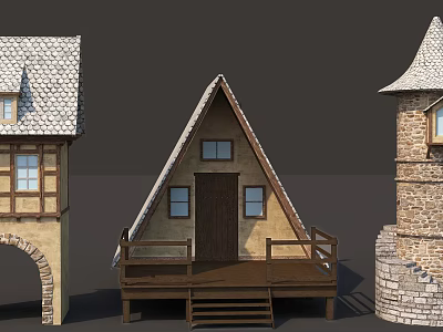 Fairy Tale Medieval Building Models With Triangular Tile Roofs Archway And Stone Tower 3d model