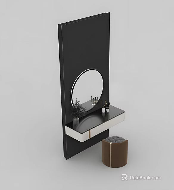 Modern Black Dressing Table with Round Mirror Stool and Decorative Marble Top 3d model