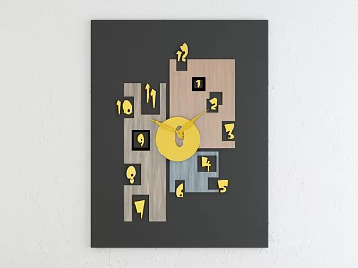 Geometric Wall Clock On Black Background With Yellow Numbers Hands And Wooden Elements 3d model