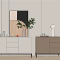 Modern Entryway And Side Cabinets Featuring Light Finish Artwork Potted Plant And Table Lamp