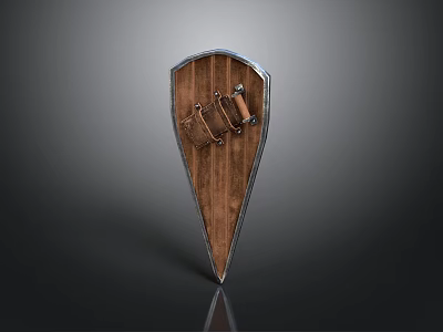 Medieval Wooden Shield With Metal Frame And Leather Straps For Defense 3d model