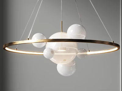 Modern Chandelier with Gold Circular Frame and White Spherical Illuminated Shades 3d model