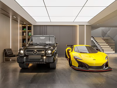 Luxury Parking Garage Modern Indoor With Black Mercedes G Wagon And Yellow McLaren Sports Car 3d model
