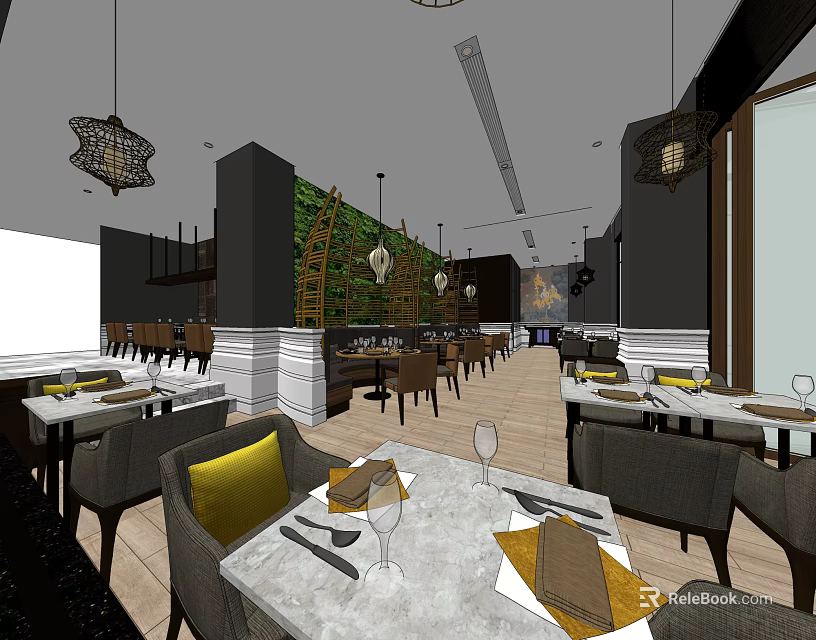 Stylish Restaurant Interior Design With Tables Chairs Pendant Lights And Green Plant Wall 3d model 