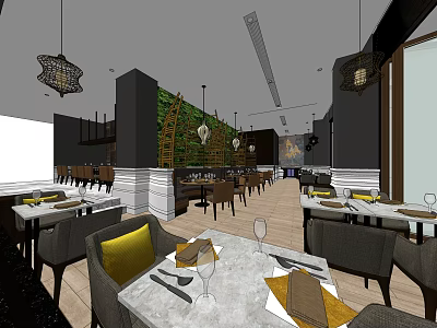 Stylish Restaurant Interior Design With Tables Chairs Pendant Lights And Green Plant Wall 3d model